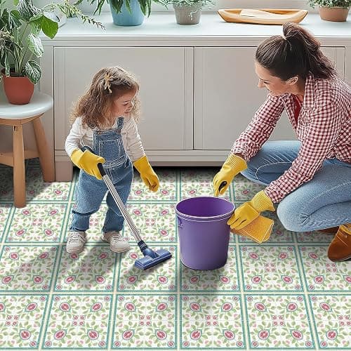 HOMETITUTE Teal Border Fig Floral Peel and Stick Tile Art Deco,12"x12" | Vinyl, Self Adhesive Vinyl Floor Tiles, Self Adhesive Decals Removable Flooring Stickers; kitchen,bathroom,entryway thumbnail 6