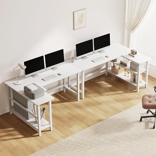 IOTXY 45" Reversible L-Shaped Office Desk with Storage Shelves, White | Solid Rubberwood Legs, 0.6" MDF Desktop, Reversible 2-tier Shelves, Compact Corner Computer Table for Small Spaces thumbnail 9