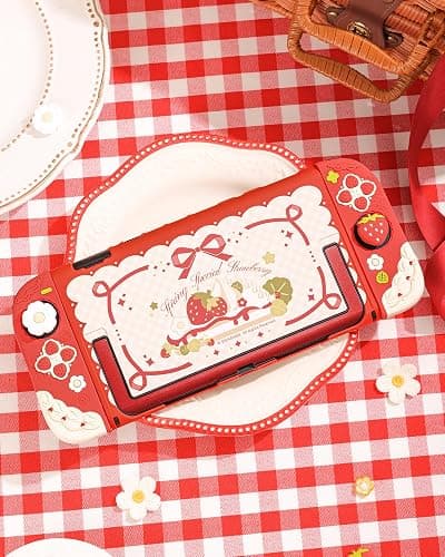 GeekShare Strawberries with Cream Case Compatible with Switch 2, Slim Separable Soft Silicone Protective Shell with 2 Thumb Grip Caps -- Red thumbnail 7