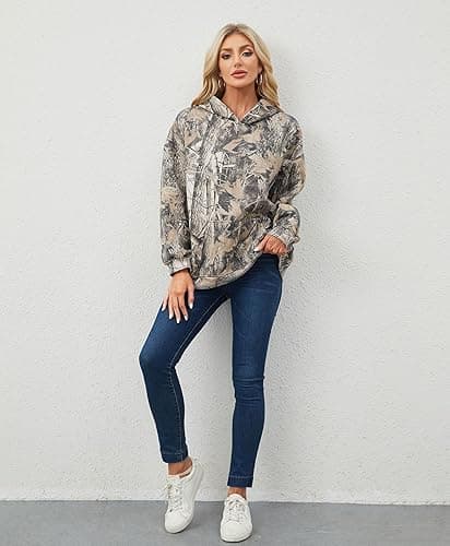 Eutten Womens Camo Hoodies Maple Leaf Print Oversized Hooded Sweatshirt Fleece Pullover Sweatshirts Long Sleeve with Pocket - Small - Dark Green thumbnail 2