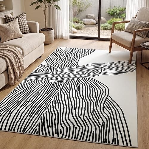 YIHOUSE 5×7Ft Area Rugs, Abstract Washable Rug, Modern Black and White Rug for Bedroom Living Room Dining Room Office Playroom Nursery, Nonslip Throw Non-Shedding Thin Contemporary Striped Rugs | Soft low-pile modern striped 5x7 rug with non-slip backing; machine washable for small living room, bedroom, nursery, office - Image 1