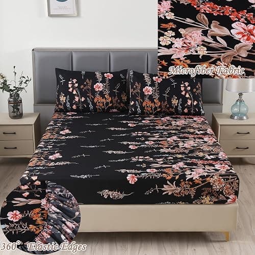 MAG 3pcs Black Floral Queen Bed Sheet,Microfiber Flower Bedding Sheet Set,Boho Bedding Sheet Set with 1 Fitted Sheet and 2 Pillowcases,14 Inches Deep (Black, Queen) thumbnail 3