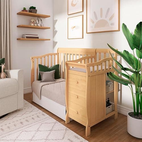 Dream On Me Jayden 4-in-1 Convertible Mini Baby Crib with 3 Drawer Changer | Converts to Daybed & Twin Size Bed, Wooden Crib with Mattress, 3 Adjustable Heights, GREENGUARD Gold & BSA Verified, Natural thumbnail 9