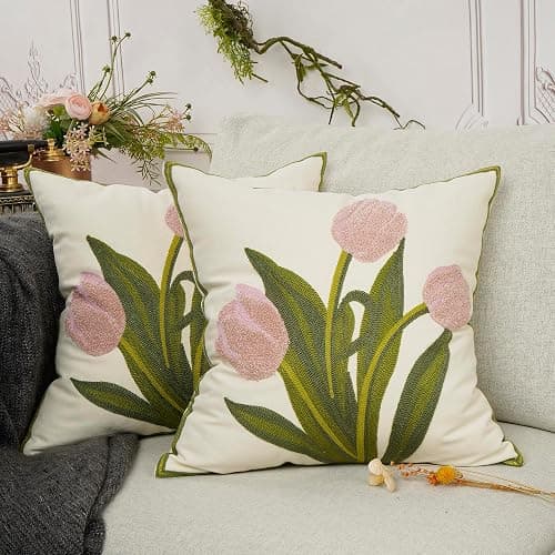 YOUR SMILE Pack of 2 Embroidered Decorative Throw Pillow Cover 18x18 Inch Farmhouse Floral Floor Pillowcase for Couch Living Room Sofa Bed,Pink Tulip thumbnail 2