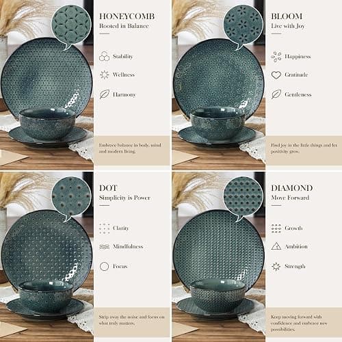 MALACASA 12 Pieces Dinnerware Sets, Farmhouse Plates and Bowls Sets, Embossed Green Dish Set for 4, Vintage Relief Ceramic Dish Set, Chip-Resistant, Microwave and Dishwasher Safe, Series LYDIA thumbnail 6