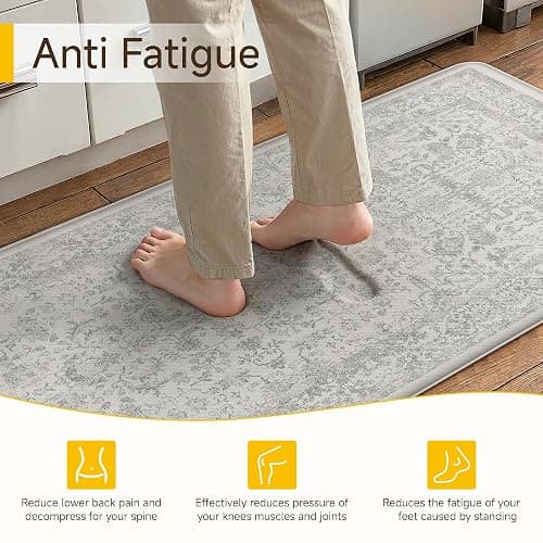 PureCozy Kitchen Mats 2PCS Anti Fatigue Cushioned Mat Gray Vintage Kitchen Mats for Floor Waterproof Non Slip Comfort Standing Grey Retro Floral Rug for Sink Laundry Office 17.3"x47"+17.3"x30" thumbnail 2