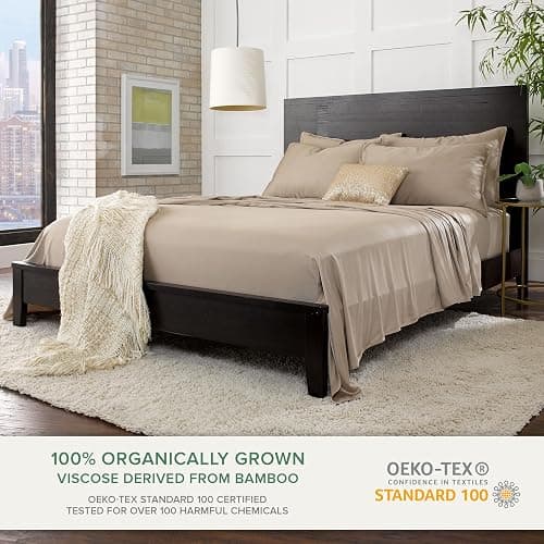 Pure Bamboo King Sheets, Genuine 100% Organic Viscose Derived from Bamboo Bed Sheet Set, Luxuriously Soft & Cooling, Double Stitching, 2 Year Quality Promise (King, Sand) thumbnail 3
