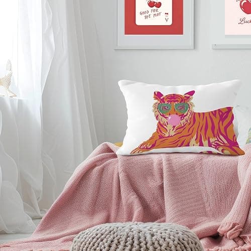 YeiHe Pink and Orange Tiger Pillow Cover 12x20, Coquette Trendy Preppy White Tiger Throw Pillow Covers, Coquette Room Decor, Preppy School Supplies thumbnail 3