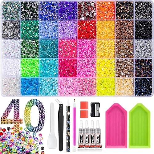 40000Pcs 40 Colors Badazzle Kit, 3mm Resin Jelly Rhinestones Bedazzling Kit | Multicolor Flatback Bedazzler Gems, 4Pcs B7000 Jewelry Glue, Diamond Art Tool for Bedazzle Thing Shoes Books Crafts Nail Art - Image 1