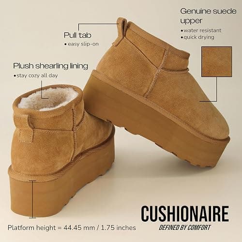 CUSHIONAIRE Hippy Women’s Platform Ankle Boots – Genuine Suede, Faux Fur Lining, Cozy Winter Slip-On Design, Comfortable Footwear with Wide Widths Available thumbnail 7