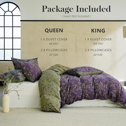 Simple&Opulence Muslin Duvet Cover Set King Size, 100% Washed Cotton 3 Pieces Yarn-Dyed Vintage Purple Floral Jacquard Textured Bedding, Soft & Breathable Gauze Comforter Cover with Zipper Closure thumbnail 6