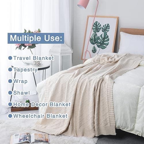 Knit Cotton Throw Blanket Cable Throw 50 x 70 Inch Soft All Season Breathable for Couch Chairs Bed Beach Home Decorative with Silk Bow Tie Package (Beige, Diamond Pattern) thumbnail 8