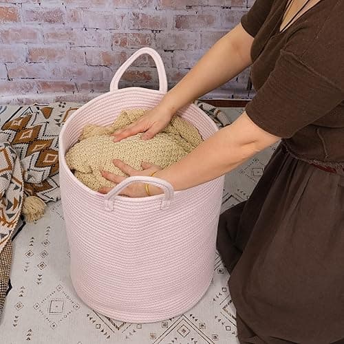 XUANGUO Cotton Rope Laundry Basket Hamper for Girls Kids Baby Nursery Hamper Bin Woven Storage Basket for Living Room Girls room Boho Tall Rope Baskets for Blanket Toys Large light pink thumbnail 3