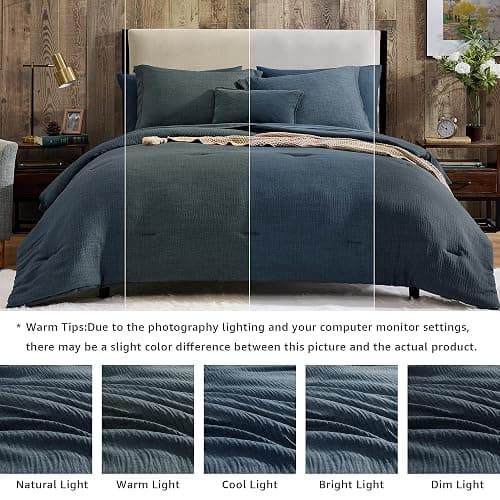 Geniospin Twin Comforter Set - 5 Pieces Comforter Twin Size, Solid Bedding Sets for All Season, Textured Bed in a Bag with Flat Sheet and Fitted Sheet, Pillowcases and Shams (Navy Blue, 66''x86'') thumbnail 3