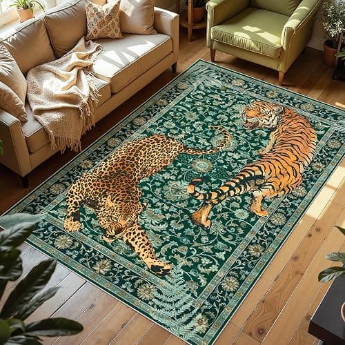 Tiger Print 5x7 Rug Boho Green  thumbnail 4