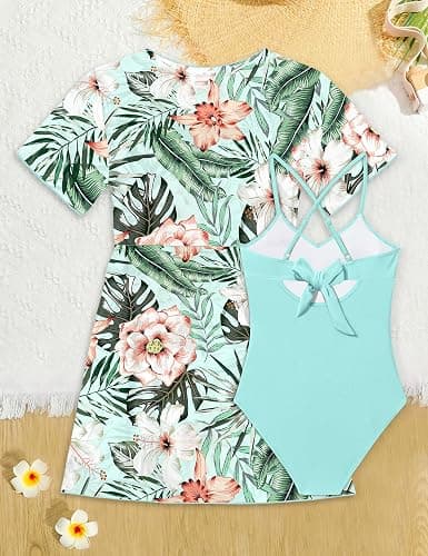 Dearnow Girls Swimsuit One Piece Control Front Cross Ruched Tie Back Bathing Suit Swimwear with Drawstring Cover Up 9-16T thumbnail 8