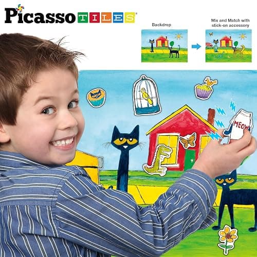 PicassoTiles Pete The Cat 80pc Magnetic Board Game Puzzle Playset Reusable Mix & Match Cartoon Toy with Storytelling, STEM Learning Activity Book and Storage Educational Kids Toys for Ages 3+ PTC02 thumbnail 7