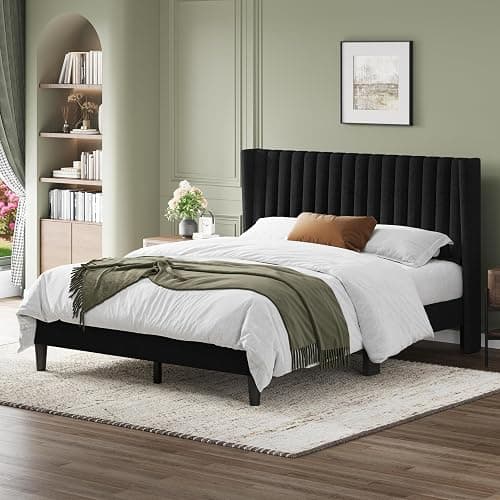 Yaheetech Queen Bed Frame Upholstered Platform Bed with Fabric Headboard, Wing Edge Design/Non-Slip and Noise-Free/Wooden Slats Support/No Box Spring Needed/Easy Assembly, Black Queen Bed thumbnail 3