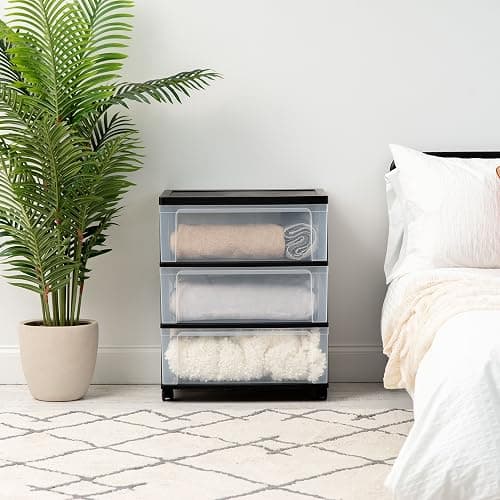 IRIS USA 3 Drawer Wide Storage Drawer Cart with Caster Wheels, Plastic Rolling Dresser for Home Closet Bedroom Bathroom Office Laundry Kitchen Craft Room Nursery and School Dorm, Black/Clear - Black - 3 Drawer thumbnail 5
