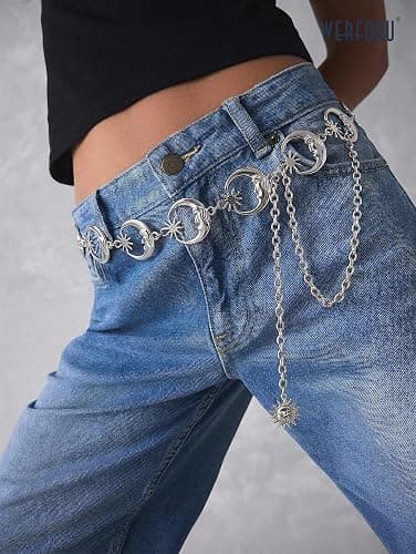 WERFORU Women's Silver Metal Link Moon Star Body Chain Belt Ladies Waist Chain Belt for Jeans Dress thumbnail 3