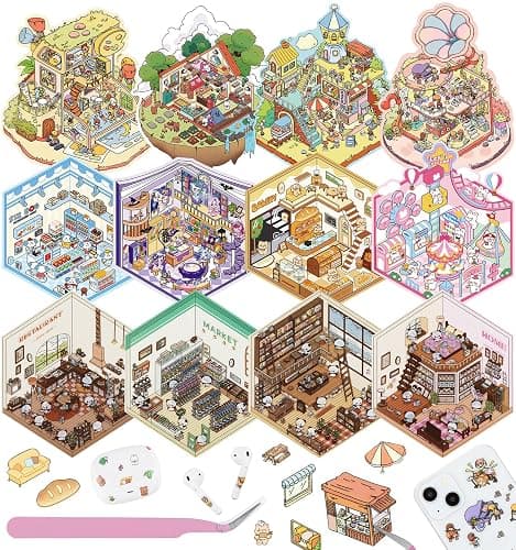 12 Sets DIY 3D Sticker Scene for Kids, Fun DIY Sticker Scene Make Your Own Mini House Cute Cartoon Animal Scene Stickers Adult Sticker Art Relief Stress Pass The Time Holiday Christmas Fun - Image 1