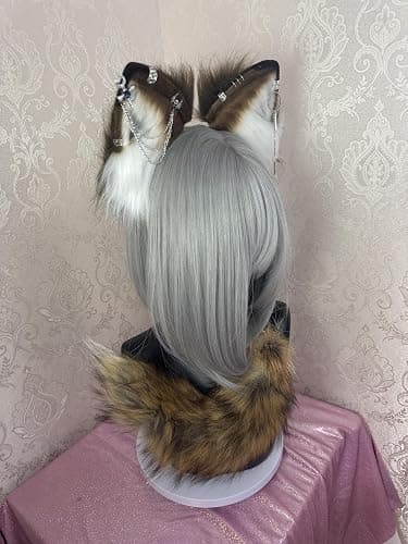 Cat Fox Wolf Ears and Tail Set - Plush Cosplay Clips Headband and Tail for Halloween, Costume Accessories,Gothic Punk 02ALL thumbnail 4