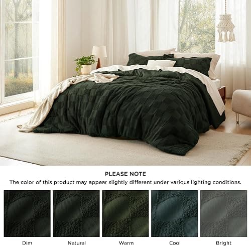 Bedsure King Size Comforter Set Dark Olive Green, Boho Tufted Bed Set, Checkered Farmhouse Shabby Chic Bedding, 3 Pieces, 1 Plaid Geometric Comforter and 2 Pillow Shams thumbnail 7