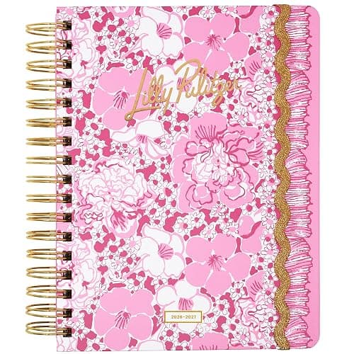 Lilly Pulitzer Large 17-Month Planner 6.75" x 8.87" Agenda Dated August 2026–December 2027, Gold Spiral Binding & Elastic Closure, Weekly & Monthly Layouts, Stickers, Travel & Reflection Pages (Conch Shell Pink Burst of Joy) - Image 1