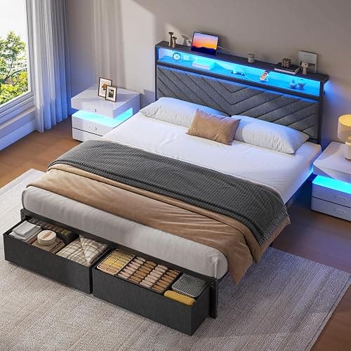 Fluest Queen Bed Frame with Storage Drawers, Upholstered Headboard with Charging Station, LED Lights, Fabric Drawers with Wheels, Under Bed Storage, No Box Spring Needed, Easy Assembly, Grey thumbnail 5