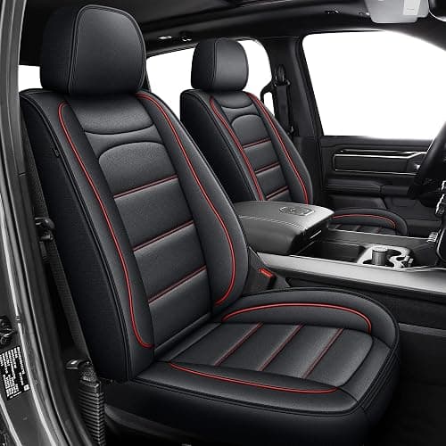 Seat Covers Fit for Dodge RAM 1500 2012-2025 2026: Compatible with RAM 1500 2500 3500 Crew Double Quad Cab Truck Pickup Full Set Car Seat Cover Faux Leather Seat Covers(Curved Bench, Redline) - Image 1