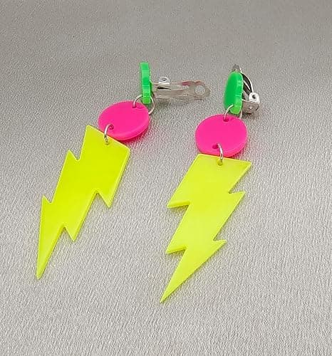 80s Neon Clip on Earrings Lightning Bolt Halloween Punk Retro Earrings for Women 80's Party Accessories thumbnail 3