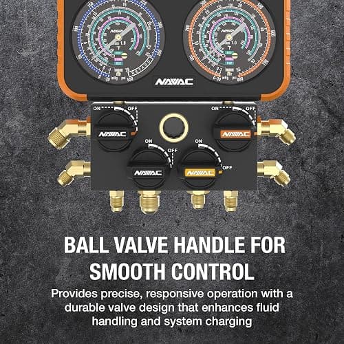 NAVAC N4A4H 4-Valve HVAC Manifold Gauge with Hoses - Class 1.0 Accuracy | Impact-resistant 4-valve HVAC manifold with hoses, aluminum body, rubber cover and an easy-to-read analog display. thumbnail 6
