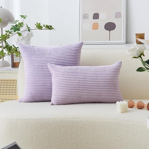 Home Brilliant Light Purple Pillow Covers 18x18 Set of 2 Striped Corduroy Throw Pillow Covers Cushion Covers for Office Couch Chair Bedroom, 18x18 Inch, Lavender thumbnail 5