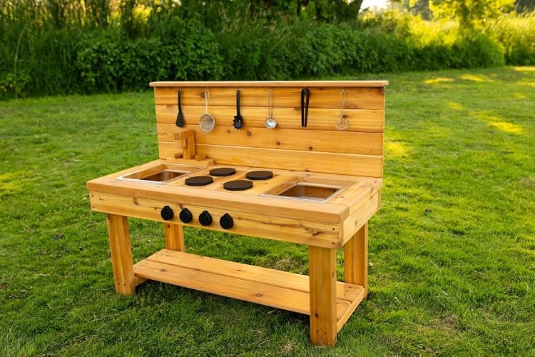 Noble Toys XL Cedar Outdoor Mud Kitchen Centered with Backsplash and Stovetop for Toddlers Kids | Pretend Play Table | Sensory Table | Outside Playset | Real Wooden Kitchens | Preschool Equipment thumbnail 2