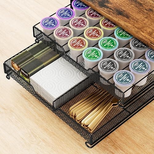 Plaviya Coffee Bar Organizer Coffee Station K Cup Holder for Countertop | 30 Coffee Pods Organizer, Mug Holder with 12 Hooks, 2 Drawers, Multifunctional, Kitchen, Dining Room, Office, Rustic Brown thumbnail 5
