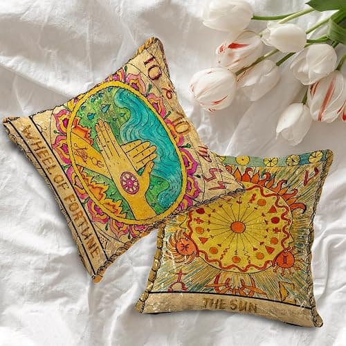 (RB) Tarot The Moon Sun Flannel Throw Pillow Case, 18 x 18 Inch Set of 4, Daughter Sister Astrology Tarot Lovers Gifts, Mom, Gifts, Tarot Art Cushion Cover for Sofa Couch Bed Girl Room College Dorm thumbnail 3