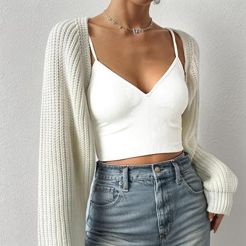 Fuimsul Women Open Front Ribbed Knit Crop Bolero Drop Shoulder Long Sleeve Solid Loose Fit Knitted Crop Cardigan Shrug thumbnail 5
