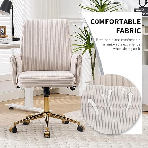 YITAI Stripes Velvet 360°Swivel Desk Chair, Modern Height Adjustable Home Office Armchair with Gold Base and Wheels for Vanity, Comfy Computer Chair for Study Living Room Bedroom（Beige） thumbnail 7