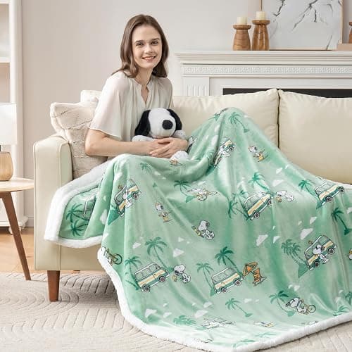 Berkshire Blanket Peanuts® Sherpa Throw Blanket, 480gsm Warm Reversible Heavy Thick Throw for Couch, Bed & Travel (Snoopy's Beachy Roadtrip Large Sage, Throw Size 50" x 60") thumbnail 2