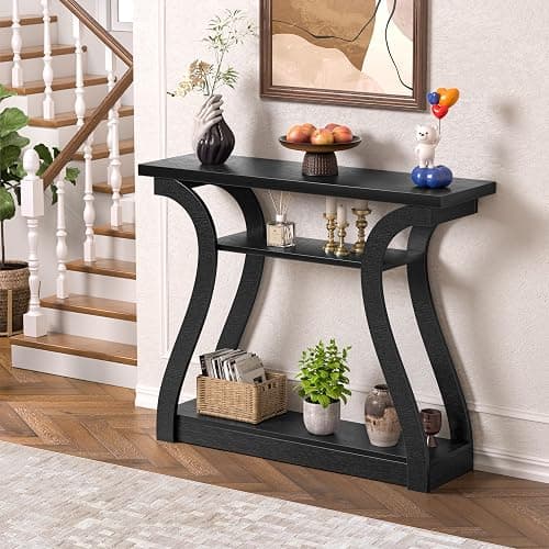 UODERS Wooden Console Table with Curved Legs and Shelf, 3-Tier Modern Accent Narrow Sofa Table for Entrance Area, Living Room, Hallway, 47 in Wide Wood Console Table for Entryway (Black) - Image 1