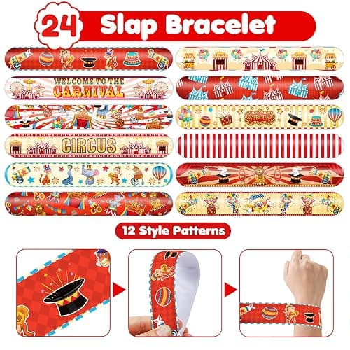 Cherisnowy 72PCS Carnival Party Set 48PCS Temporary Tattoos & 24PCS Slap Bracelets Fun Circus Themed Birthday Supplies, Baby Shower Gifts, Classroom Rewards & Party Decor for Kids Boys & Girls thumbnail 7