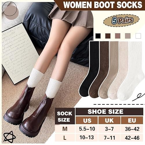 Women Merino Wool Slouch Boot Socks Warm Winter Thermal Slouchy Scrunch Cozy Knit Comfy Work Socks for 5 Pairs thumbnail 2