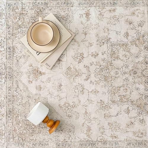 PureCozy Beige 5x7 Washable Area Rug Vintage Oriental Medallion Carpet | Soft Low Pile, Non Slip, Stain Resistant, Large, Neutral Retro Decor for Living Room, Bedroom, Dining Room, Kids Room thumbnail 7
