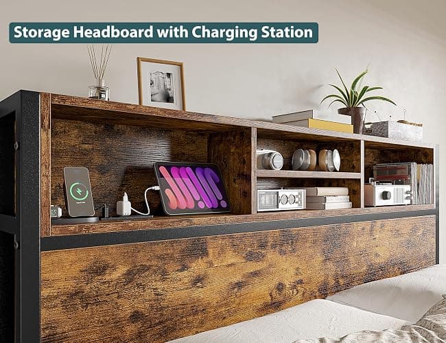 EnHomee Full Size Bed Frame with 6 Storage Drawers Full Bed Frame with Headboard, with Charging Station, No Noise, No Box Springs Needed, Vintage Brown. - Rustic Brown - Full thumbnail 6