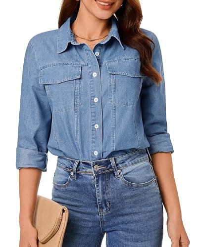 GRAPENT Denim Button Down Shirts for Women Long Sleeve Western Casual Lightweight Collared Pocket Jean Shirt Shacket Top - Image 1