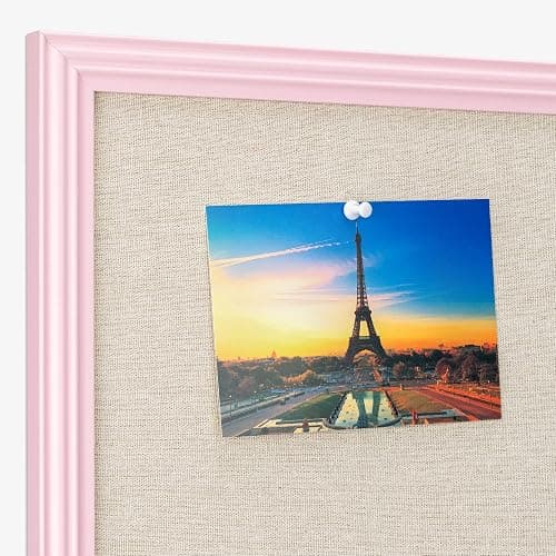 Navaris Framed Linen Bulletin Board - 17 x 23 inches Fabric Jewelry Organizer Pinboard for Wall Memory Memo Pin Board - Natural Linen with Pink Frame thumbnail 4