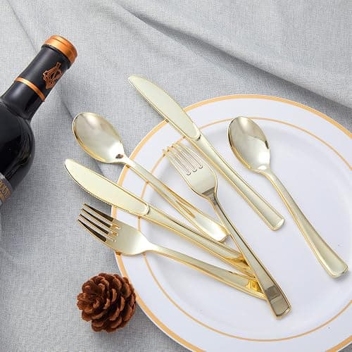 N9R 300PCS Gold Plastic Silverware, Disposable Plastic Cutlery/Utensils | Heavy Duty Flatware, 100 Forks, 100 Spoons, 100 Knives, for Party, Wedding & Everyday Use thumbnail 2