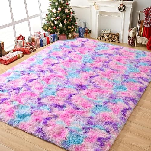 Tepook Soft Rainbow Rug for Girls Room, Cute Fluffy Girls Bedroom Rugs, 4x6 Feet Shaggy Princess Rug Colorful Carpet for Kids Teens Toddler Playroom Nursery Reading Nook, Hot Pink - Image 1