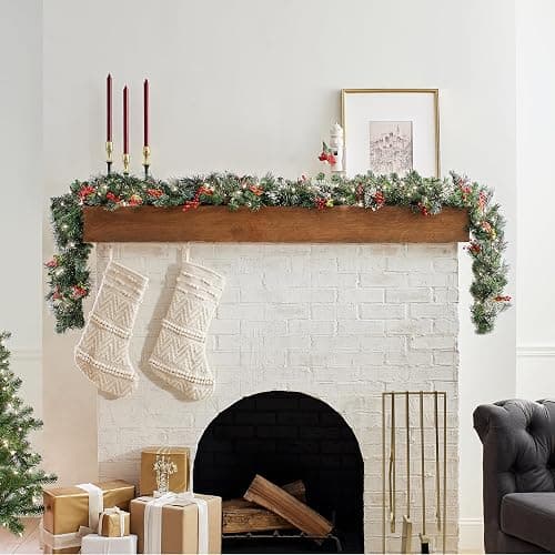National Tree Company 9 ft Pre-Lit Wintry Pine Flocked Artificial Christmas Garland, Christmas Decoration with Pinecones, Red Berries, 100 Clear Lights, 184 Tips, Green - Image 1