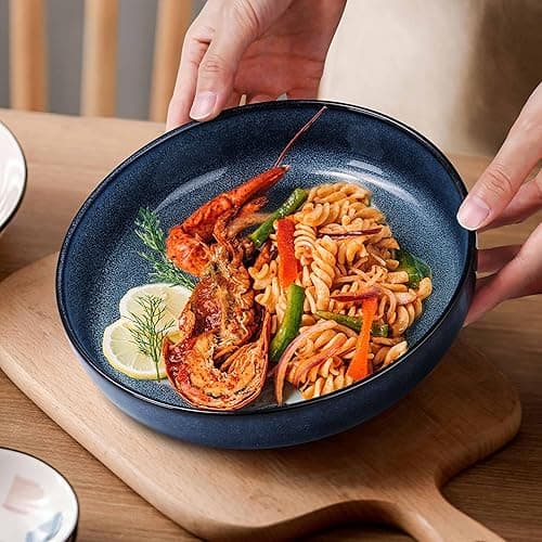 Herogo Stoneware Pasta Bowls Set of 4, Large Wide Shallow 37oz Plates and Serving Bowls Sets for Salad Soup Cereal, Microwave & Dishwasher Safe, Starry Blue - Starry Blue - Nature Series thumbnail 5